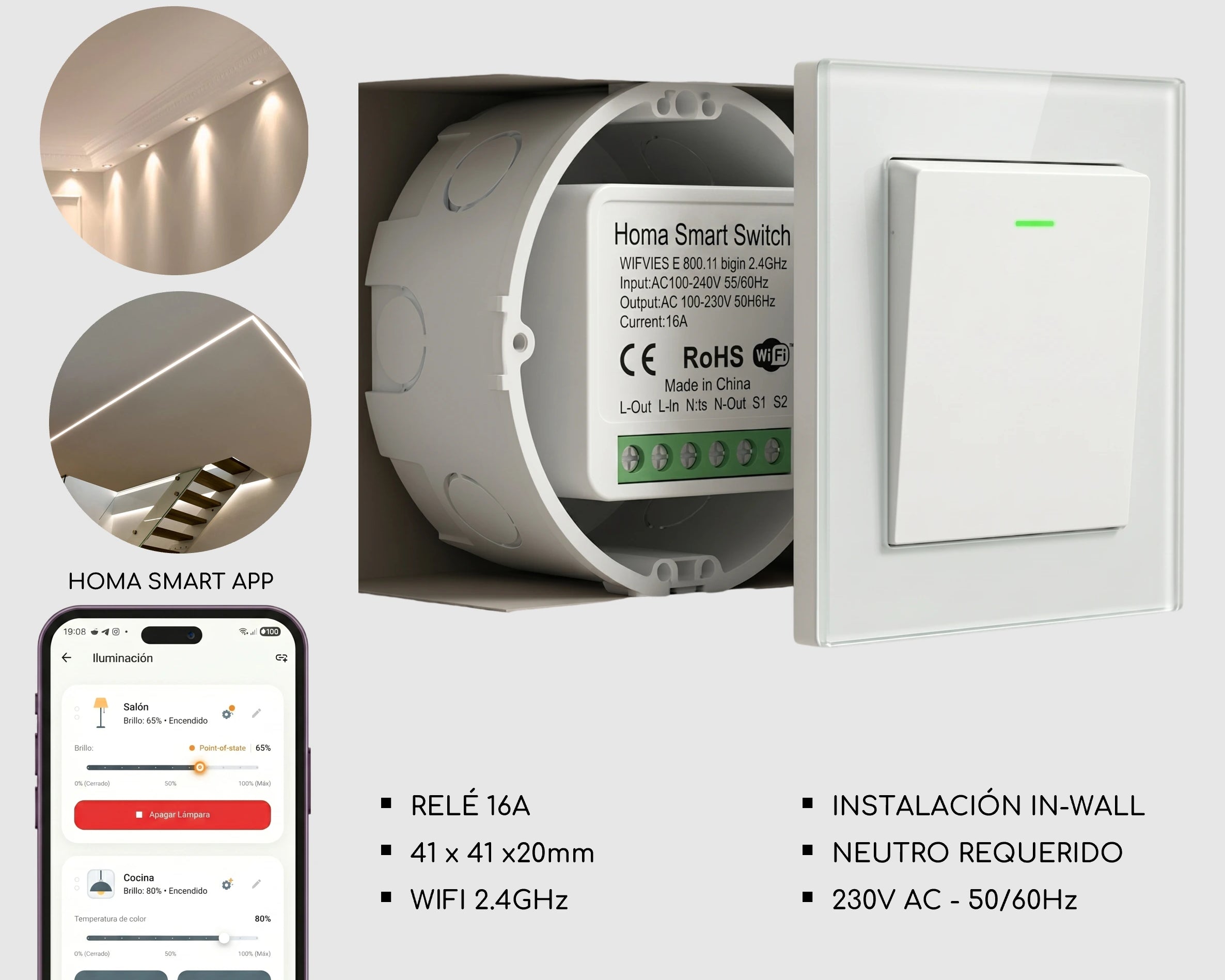 Módulo interruptor de luz inteligente WiFi Homa de tamaño mini diseñado para empotrar detrás de los interruptores de pared tradicionales