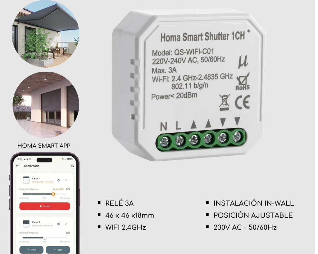 Módulo de persiana inteligente wifi Homa de diseño compacto para empotrar en caja de mecanismos de pared