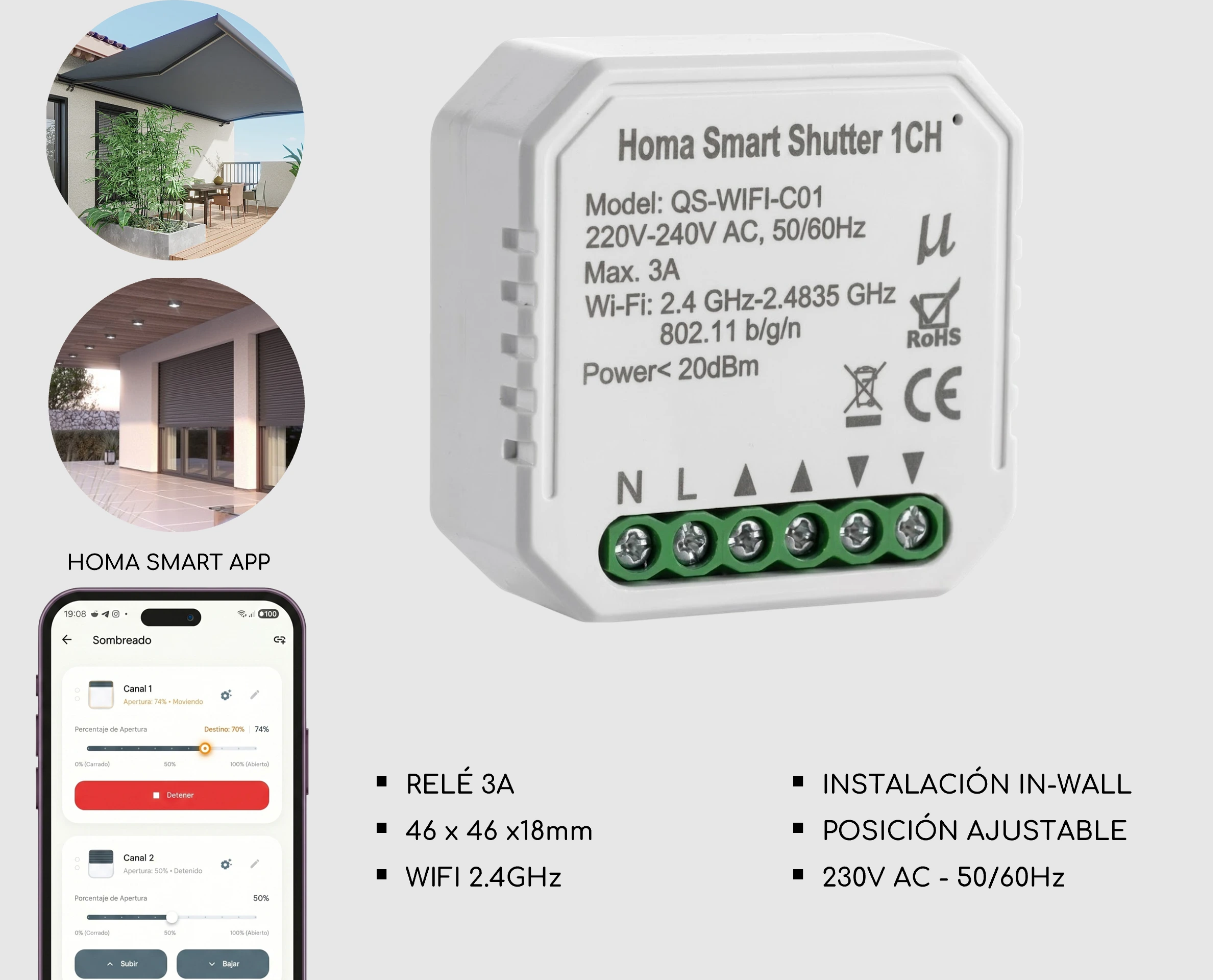 Módulo de persiana inteligente wifi Homa de diseño compacto para empotrar en caja de mecanismos de pared